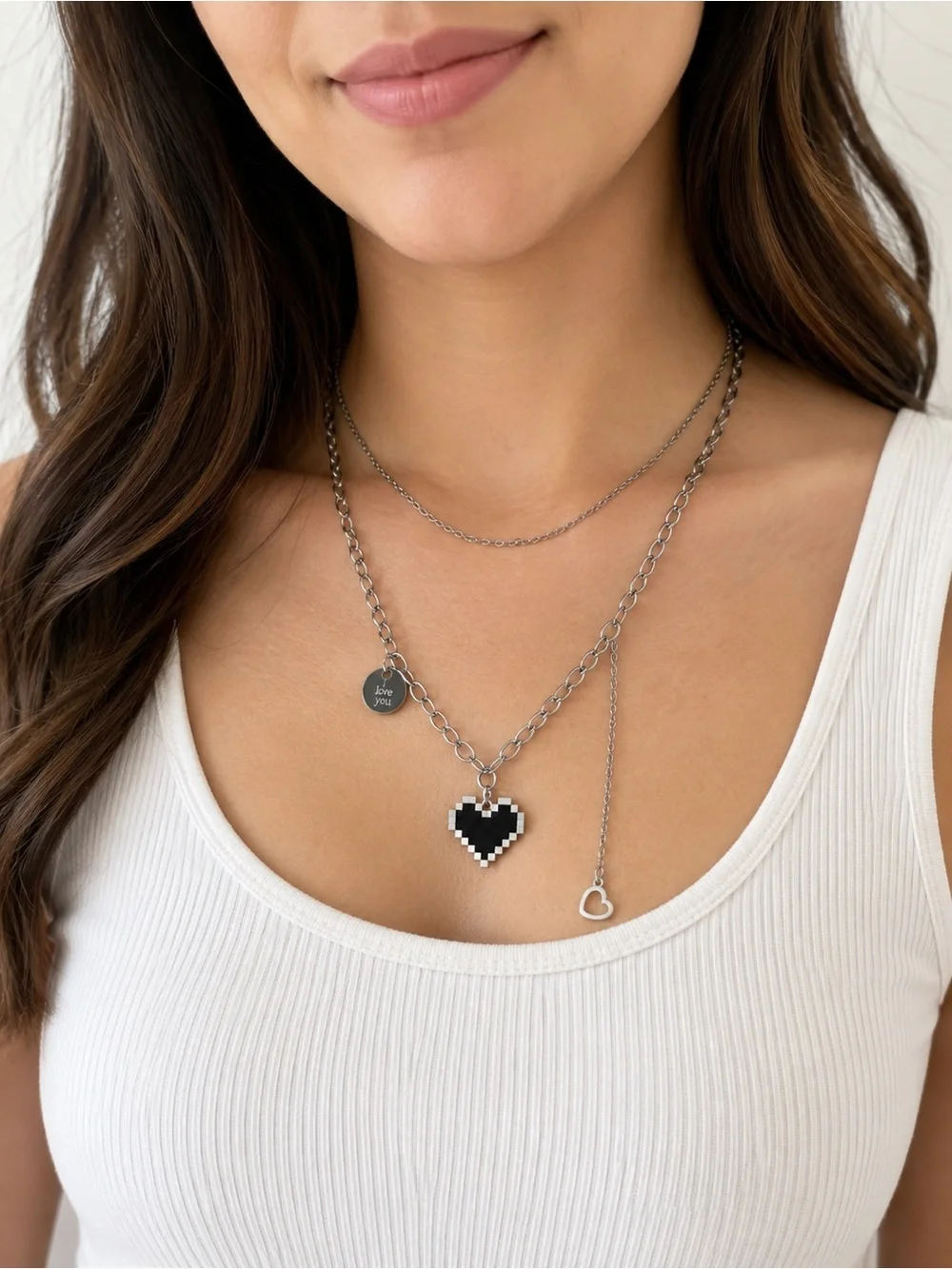 Layered Pixel Heart Necklace Love You Charm Silver Tone Minimalist Y2K Gift
